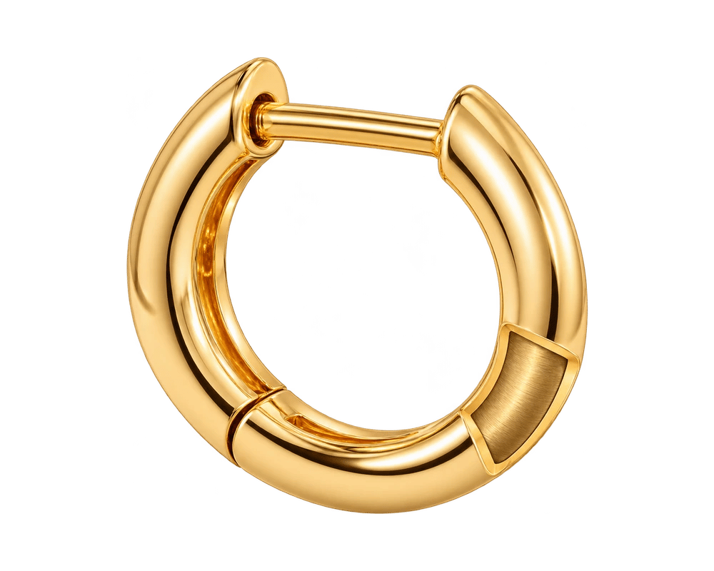 Illustrated gold plated cutaway of Lune Huggie Hoops Medium, exposing brass beneath the gold surface