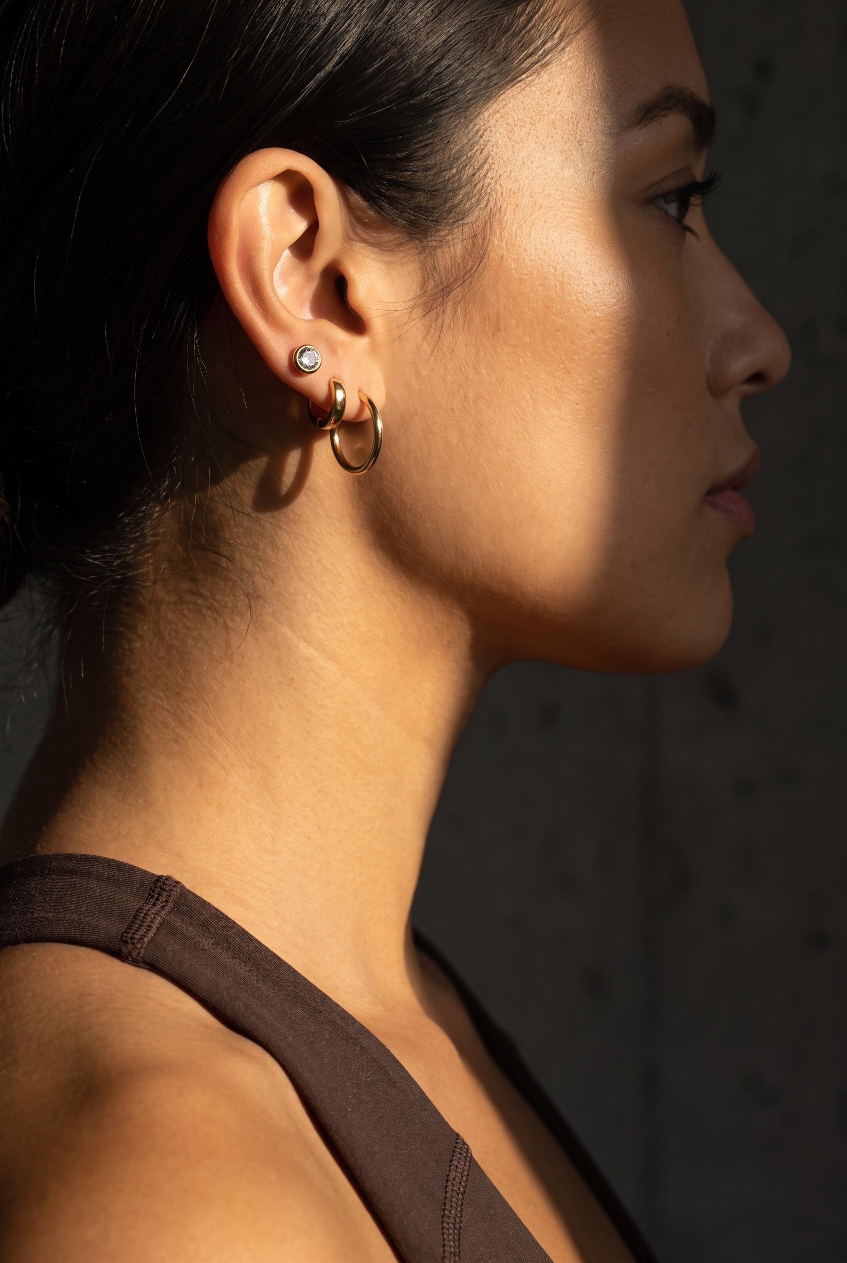 Gold stud, huggie and hoop earring stack