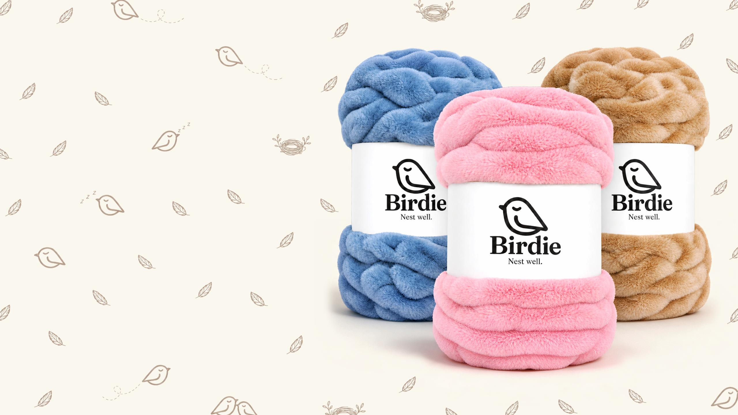 Three wrapped Birdie blankets in blue, pink, and tan on a cream patterned background.