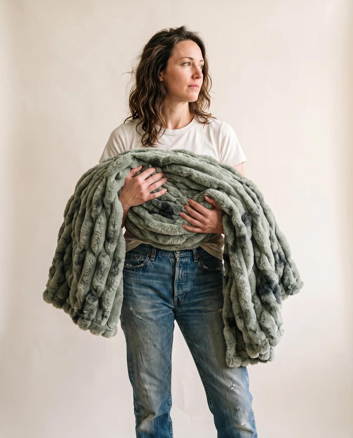 Woman holding a Moss Birdie blanket by the window