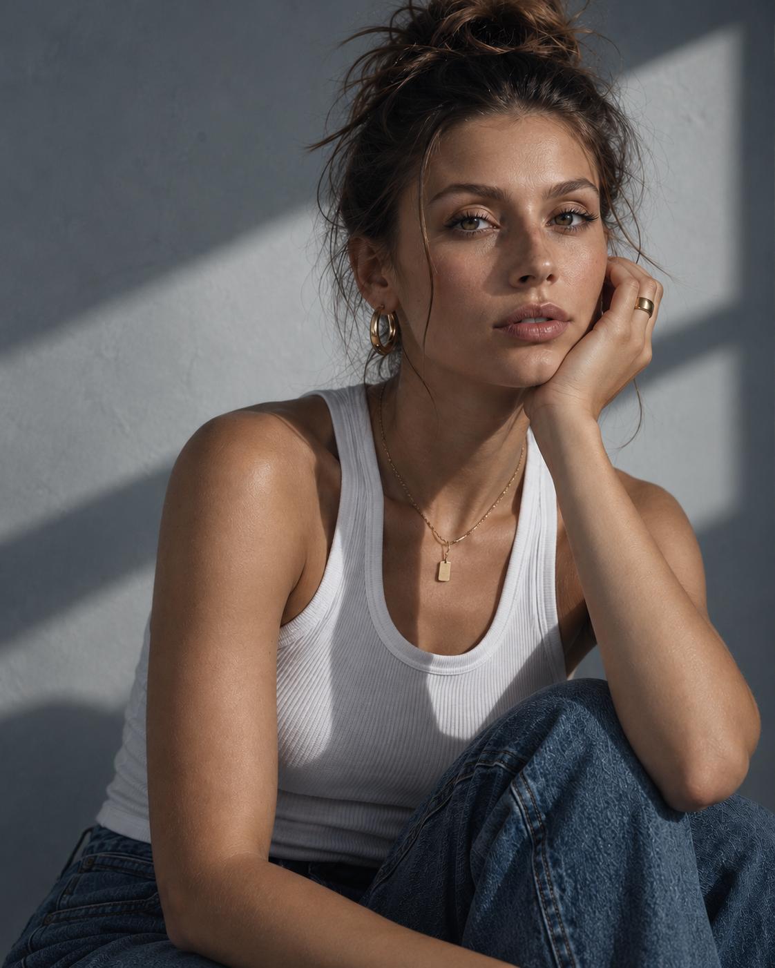 Model in a white tank wearing gold hoops, a rectangle pendant necklace and a ring