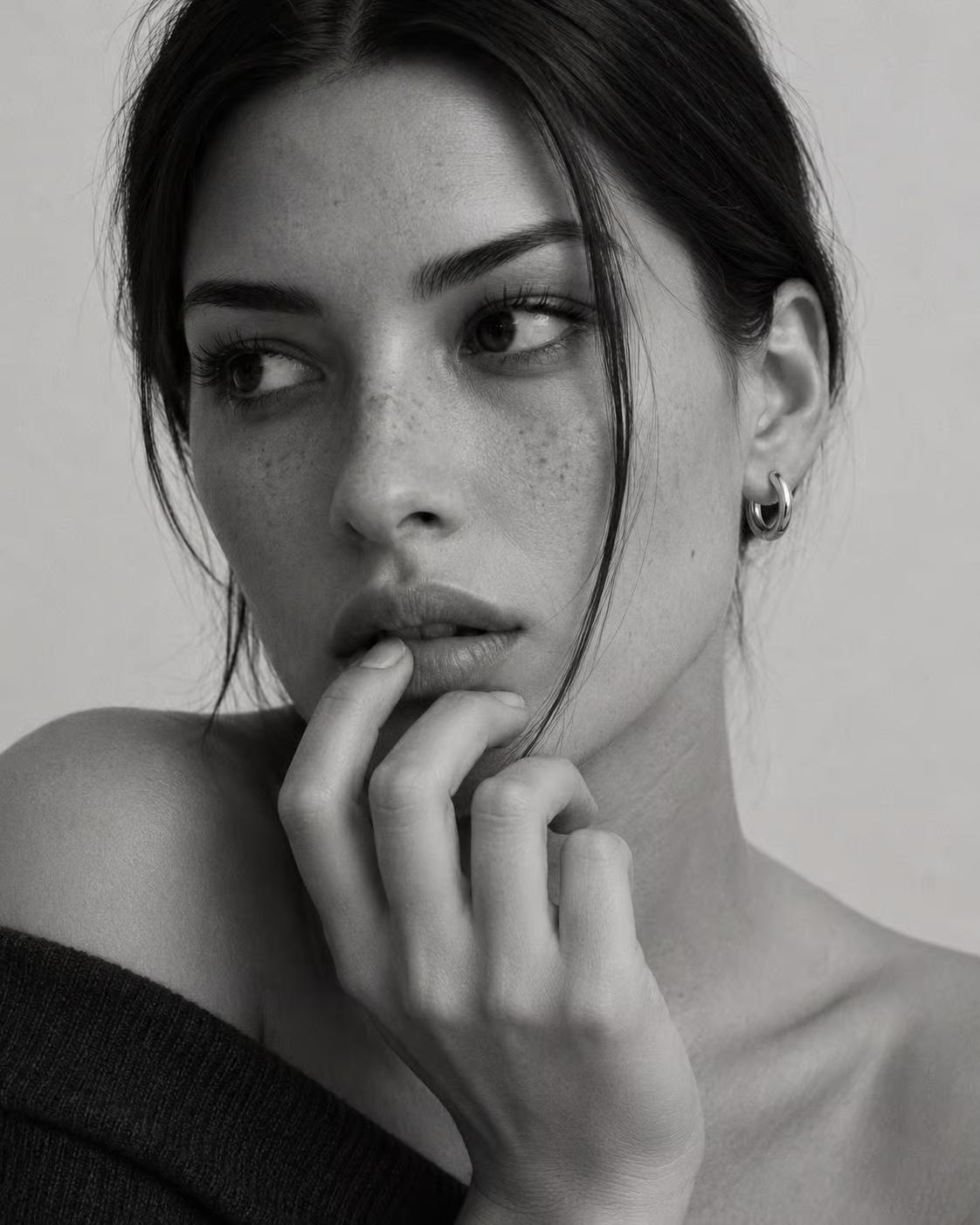 Model wearing Lune gold huggie hoops