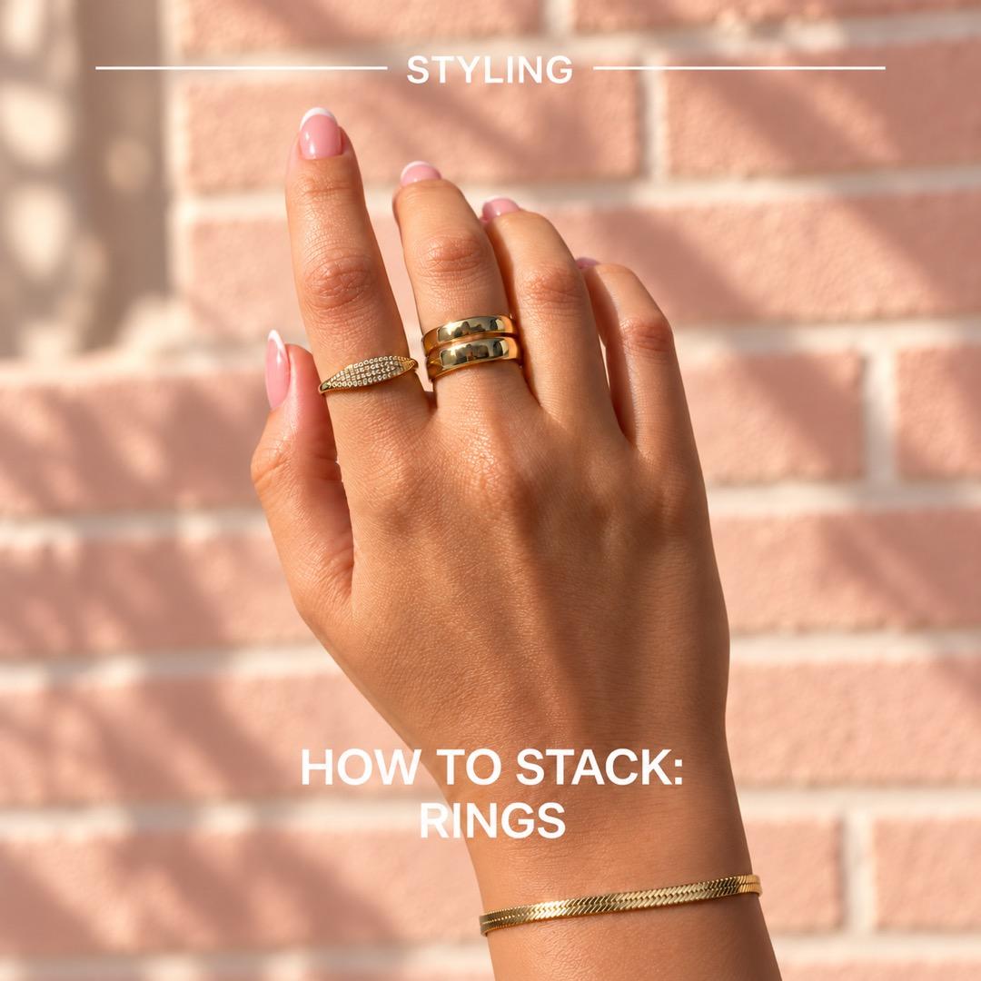 How to stack gold rings, with pink French manicure and a gold herringbone bracelet