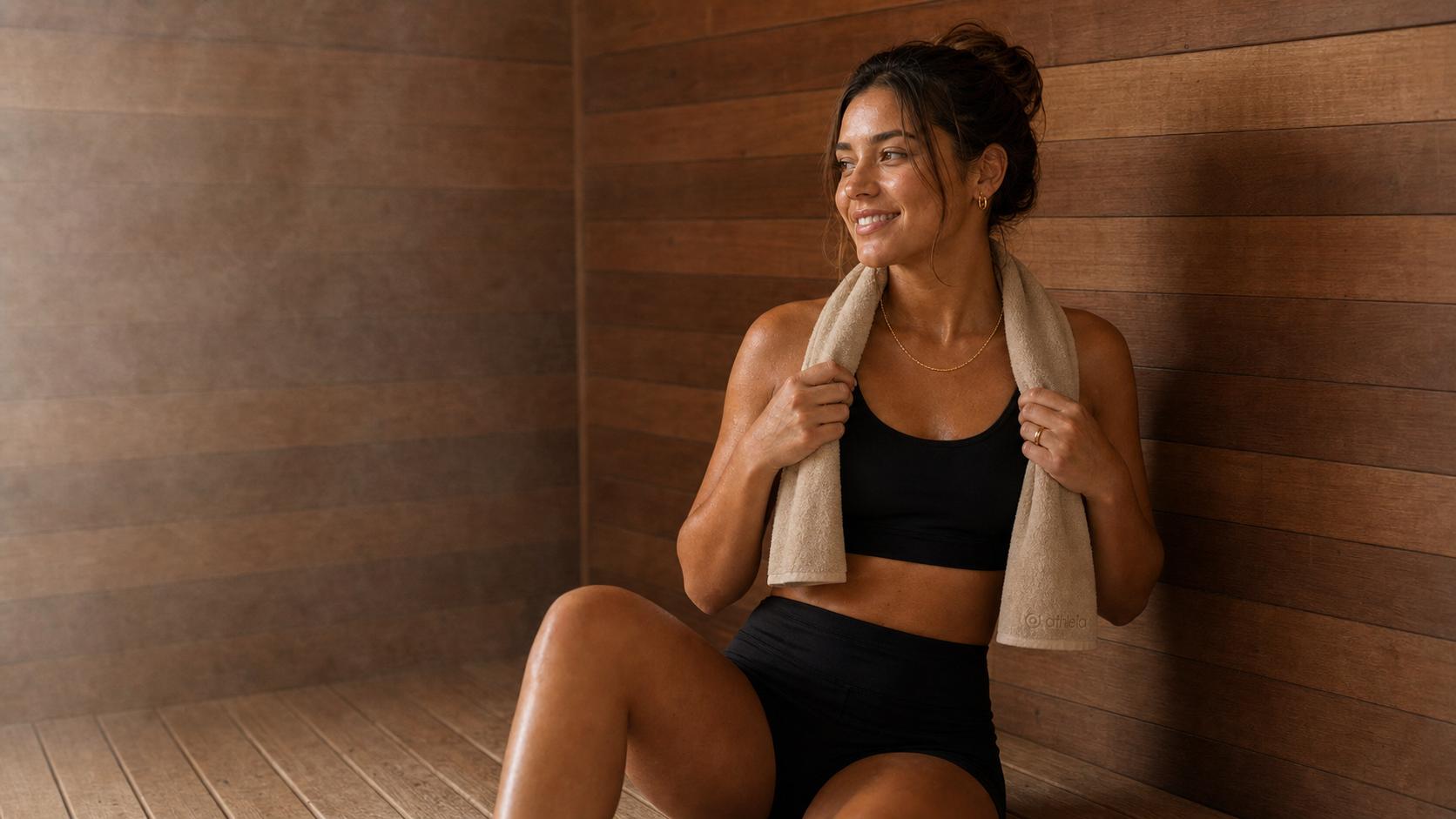 Athleia athlete wearing sweatproof jewelry with a workout towel in a sauna