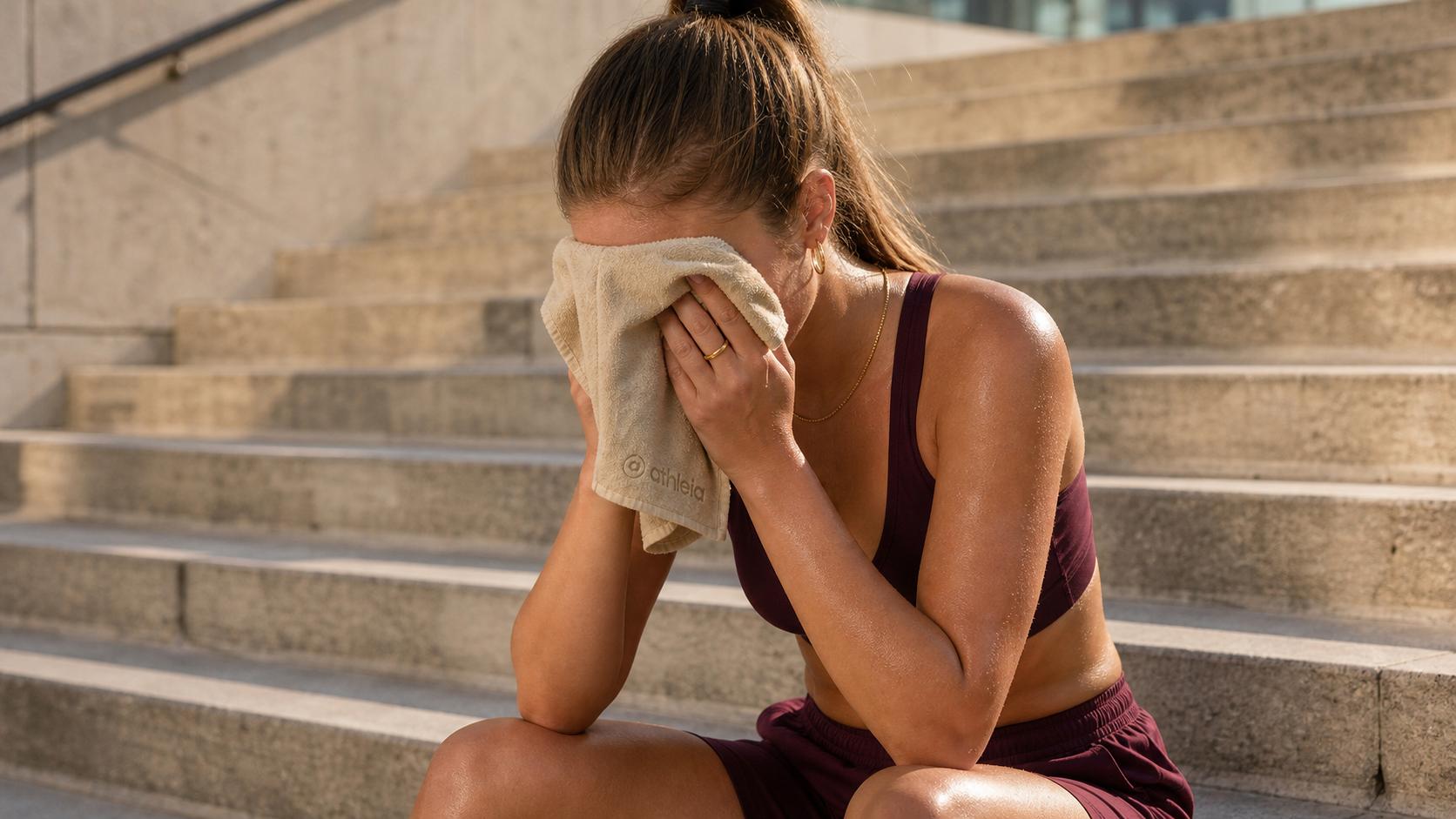 Athleia runner wiping away sweat with a beige workout towel after her run