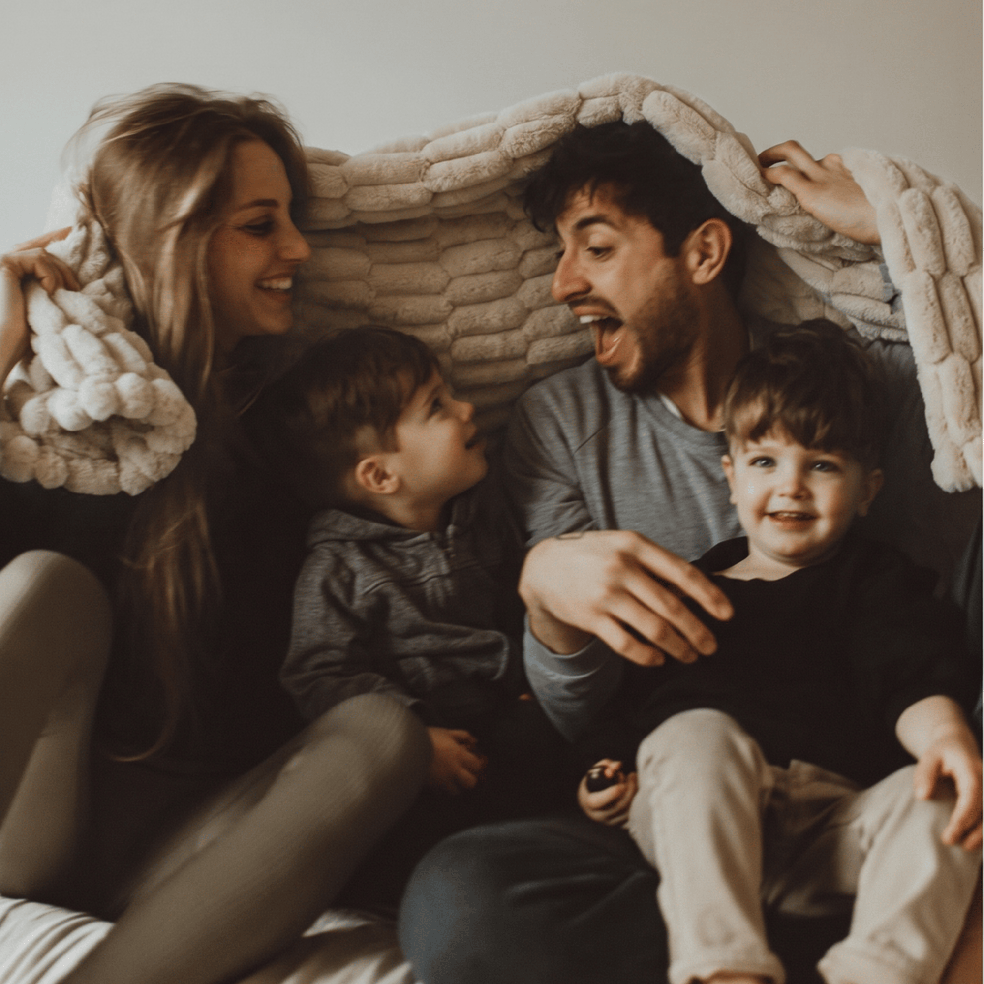 A family of four beneath a cream Birdie blanket.