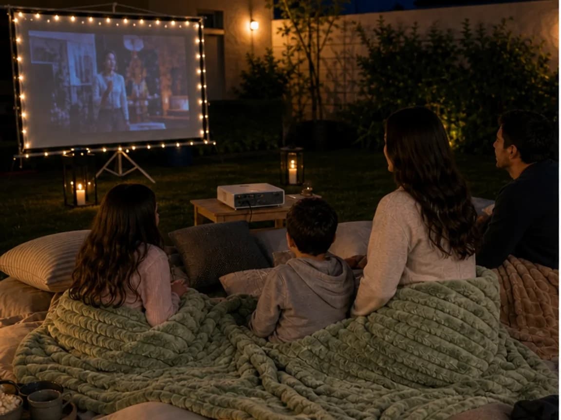 Family gathered under a Moss Birdie blanket for movie night