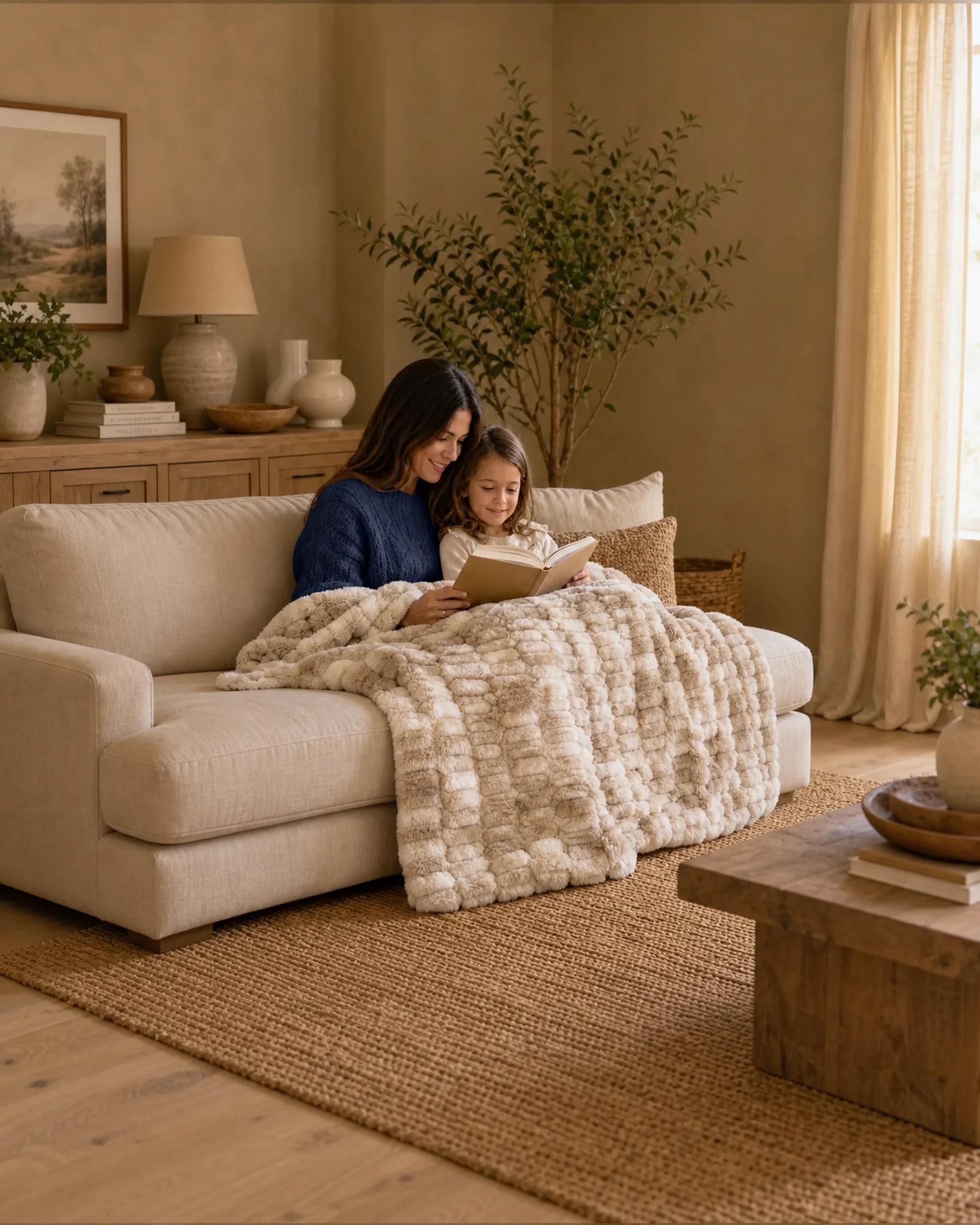 Family gathered with a Sweet Pea Birdie blanket