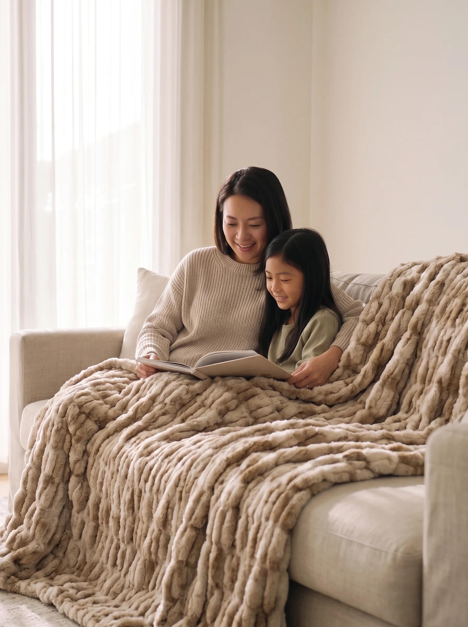 A family relaxing together on a sofa beside a soft Birdie blanket