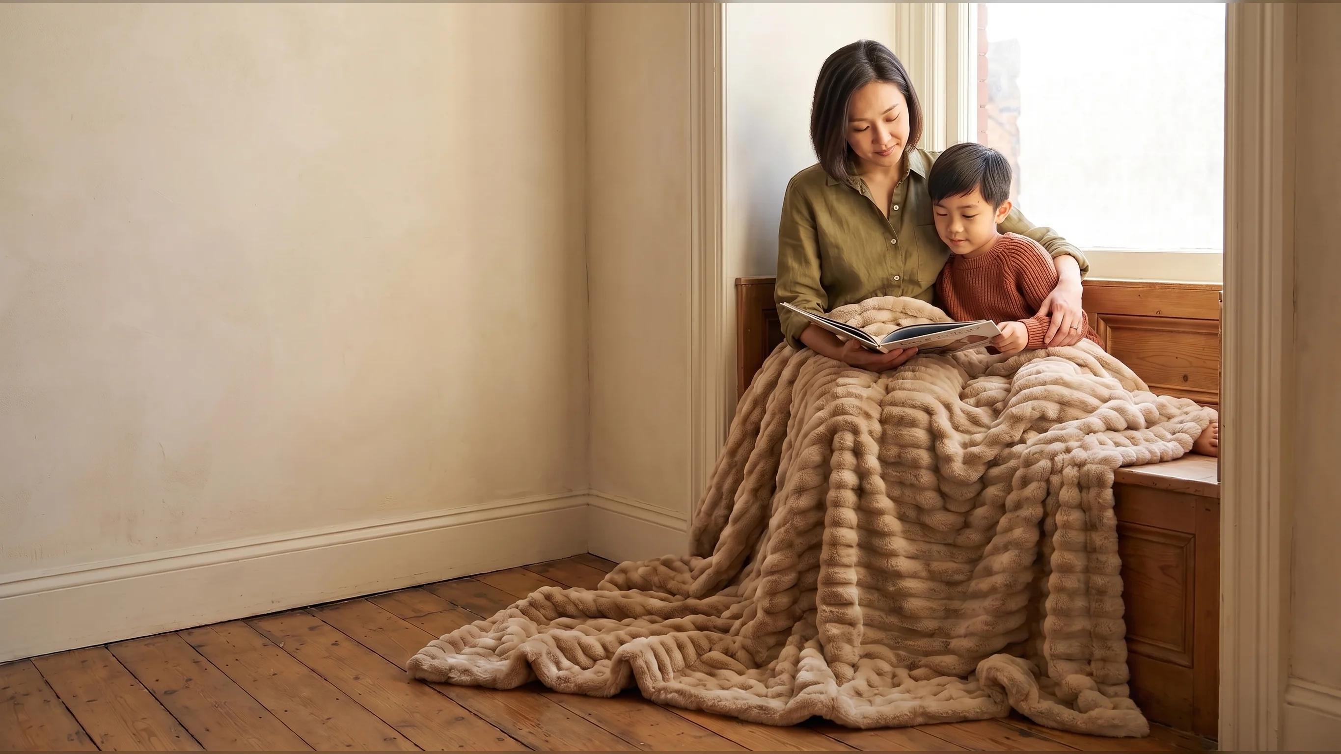 A family relaxing together on a sofa beside a soft Birdie blanket
