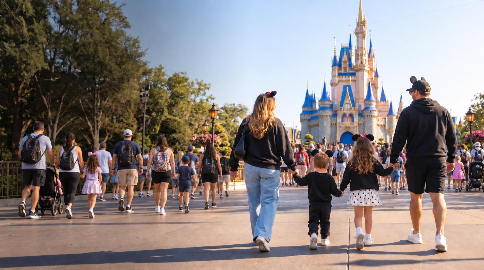A family walking together in a theme park.