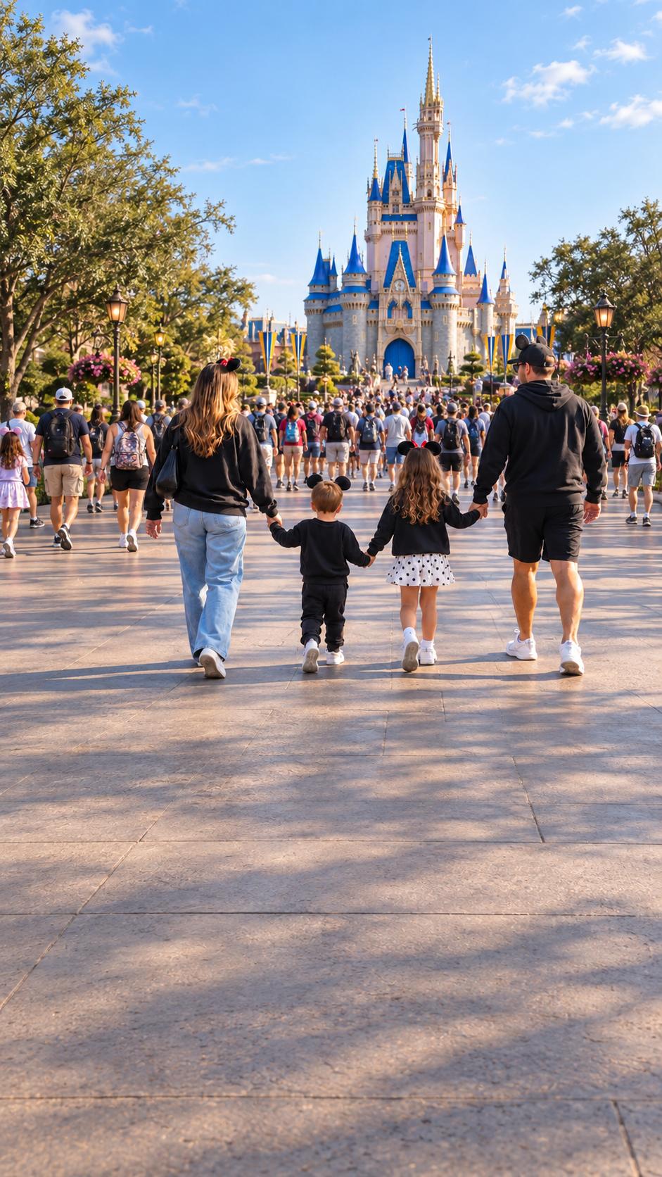 A family walking together in a theme park.