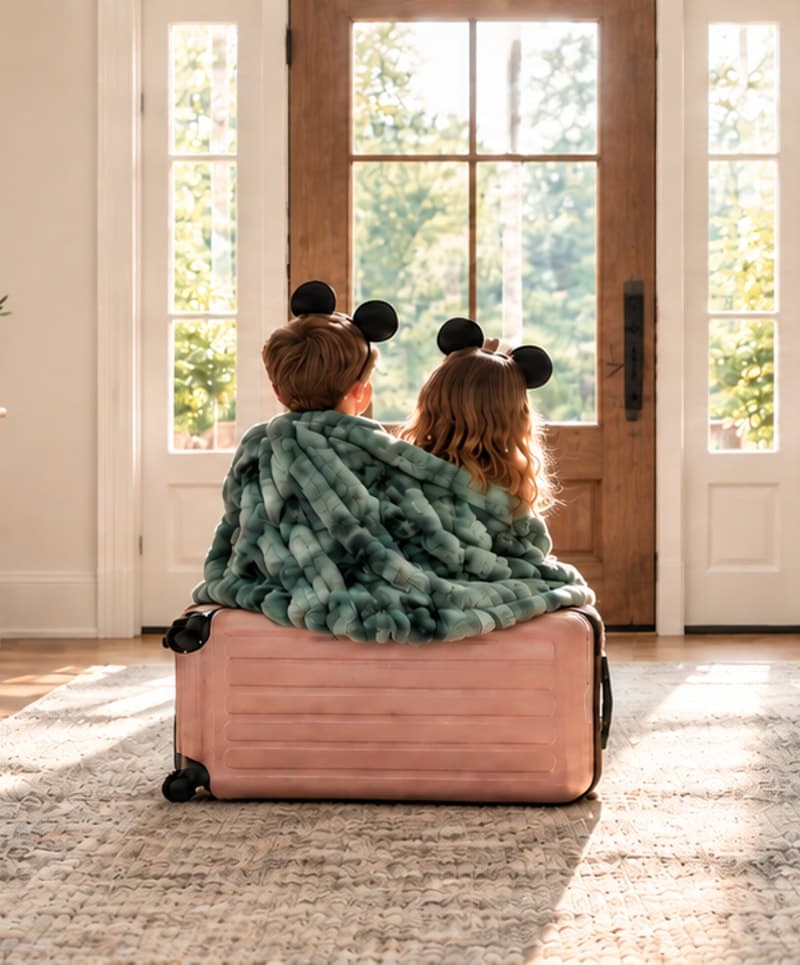 Two children in mouse-ear headbands share a green Birdie blanket on a pink suitcase in a furnished entryway.