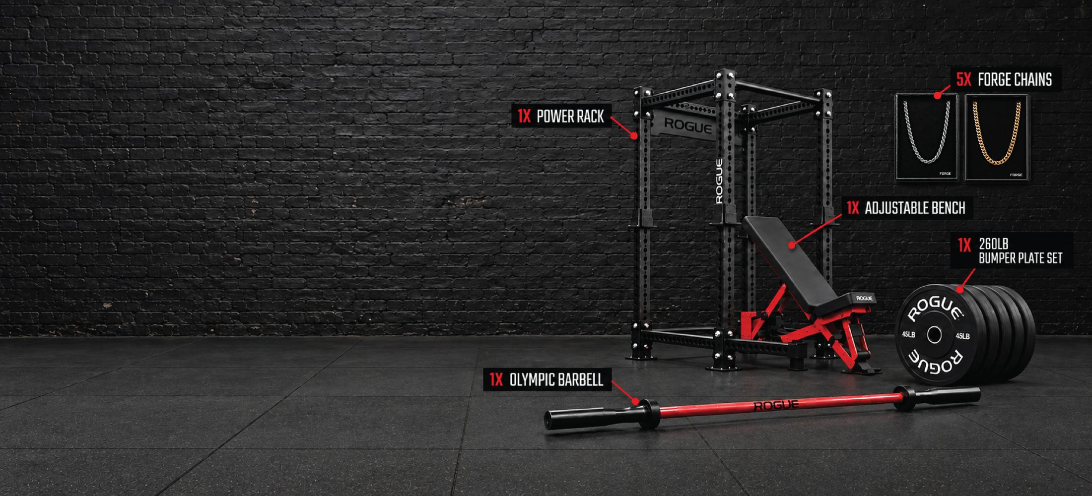 Forge Giveaway home gym prize package against a black brick wall.