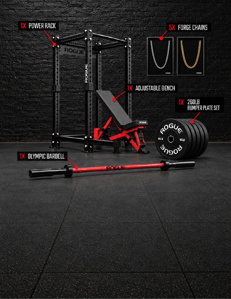 Forge Giveaway home gym prize package against a black brick wall.