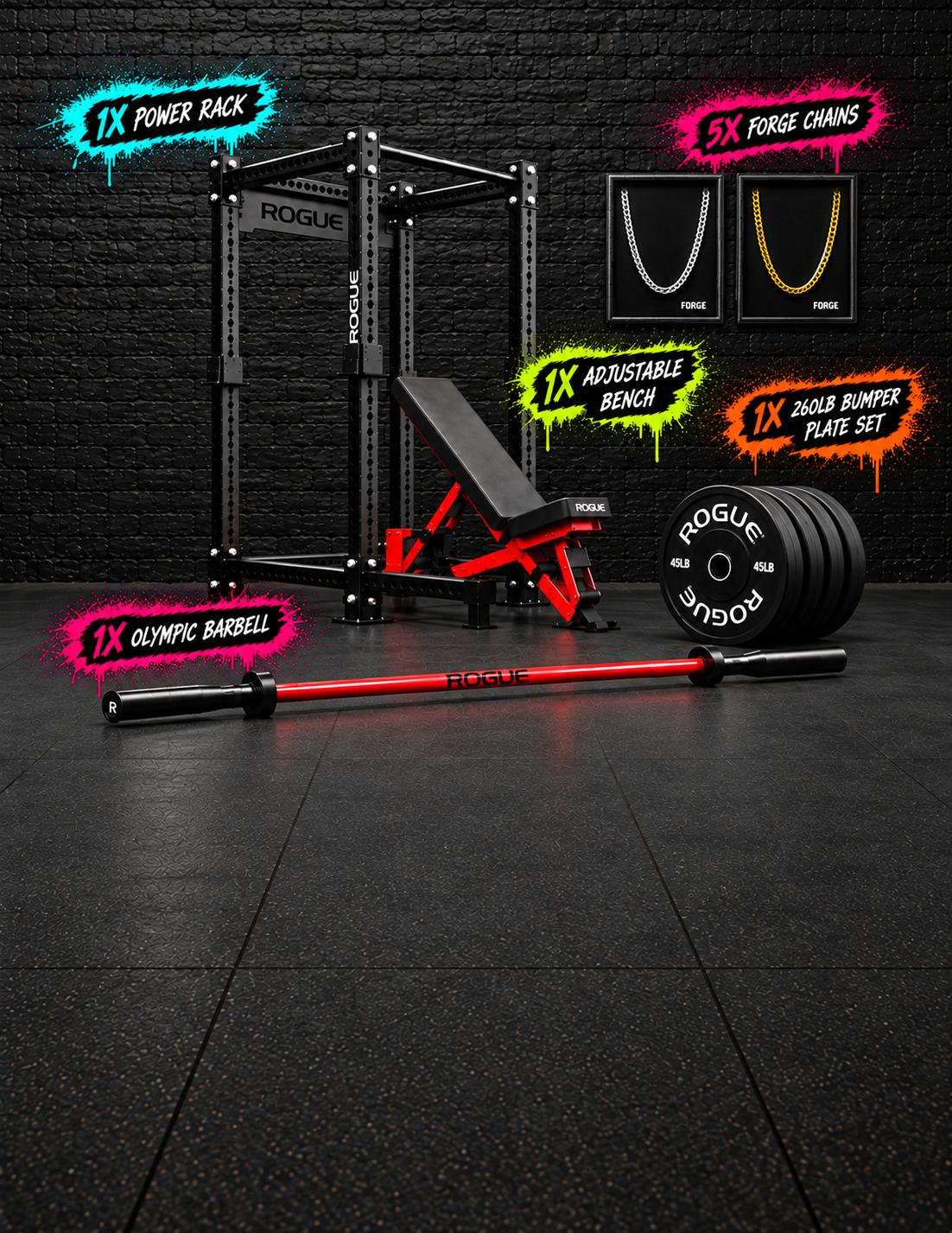 Forge Giveaway home gym prize package against a black brick wall.