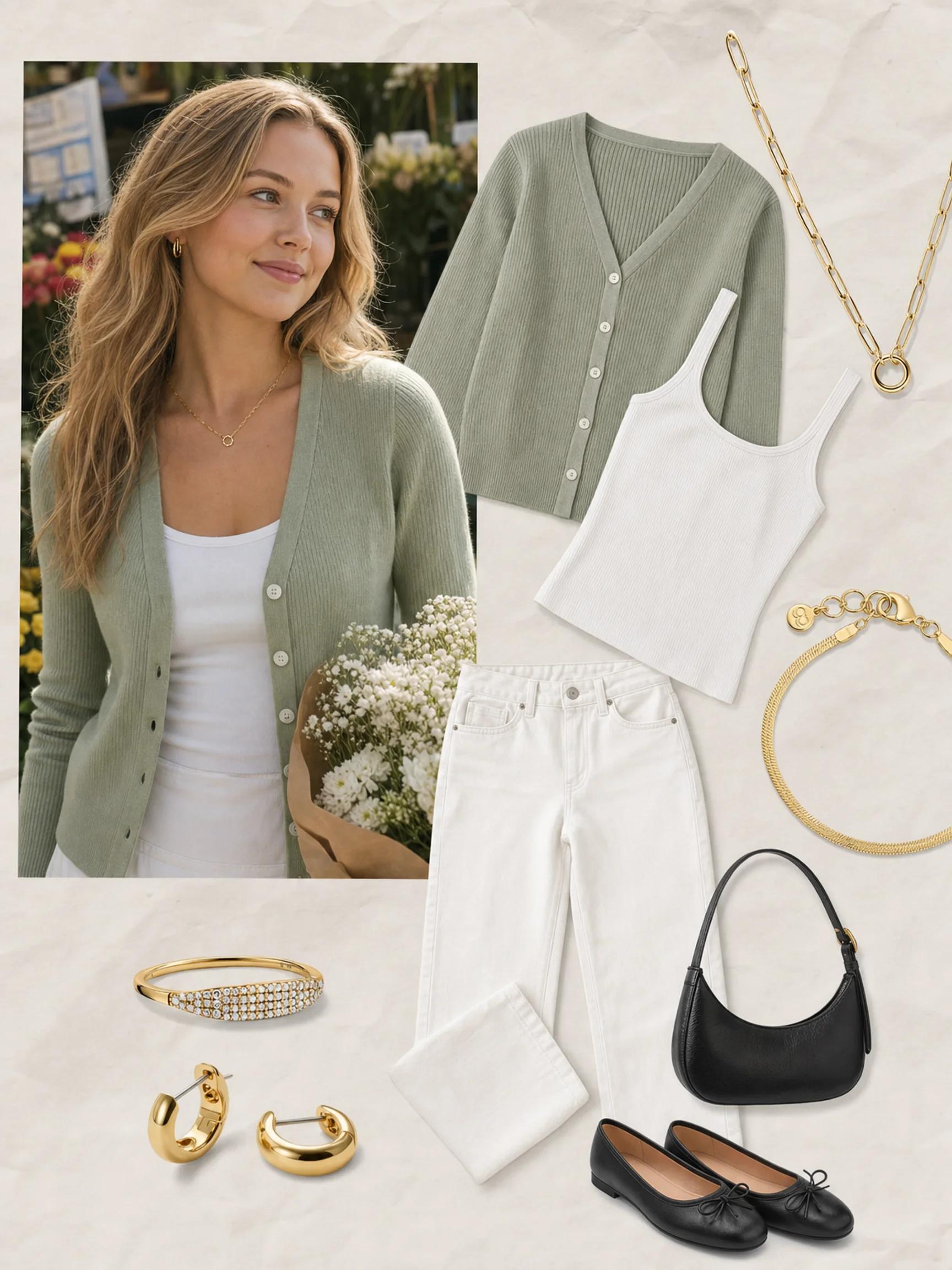 Sage cardigan white jeans board