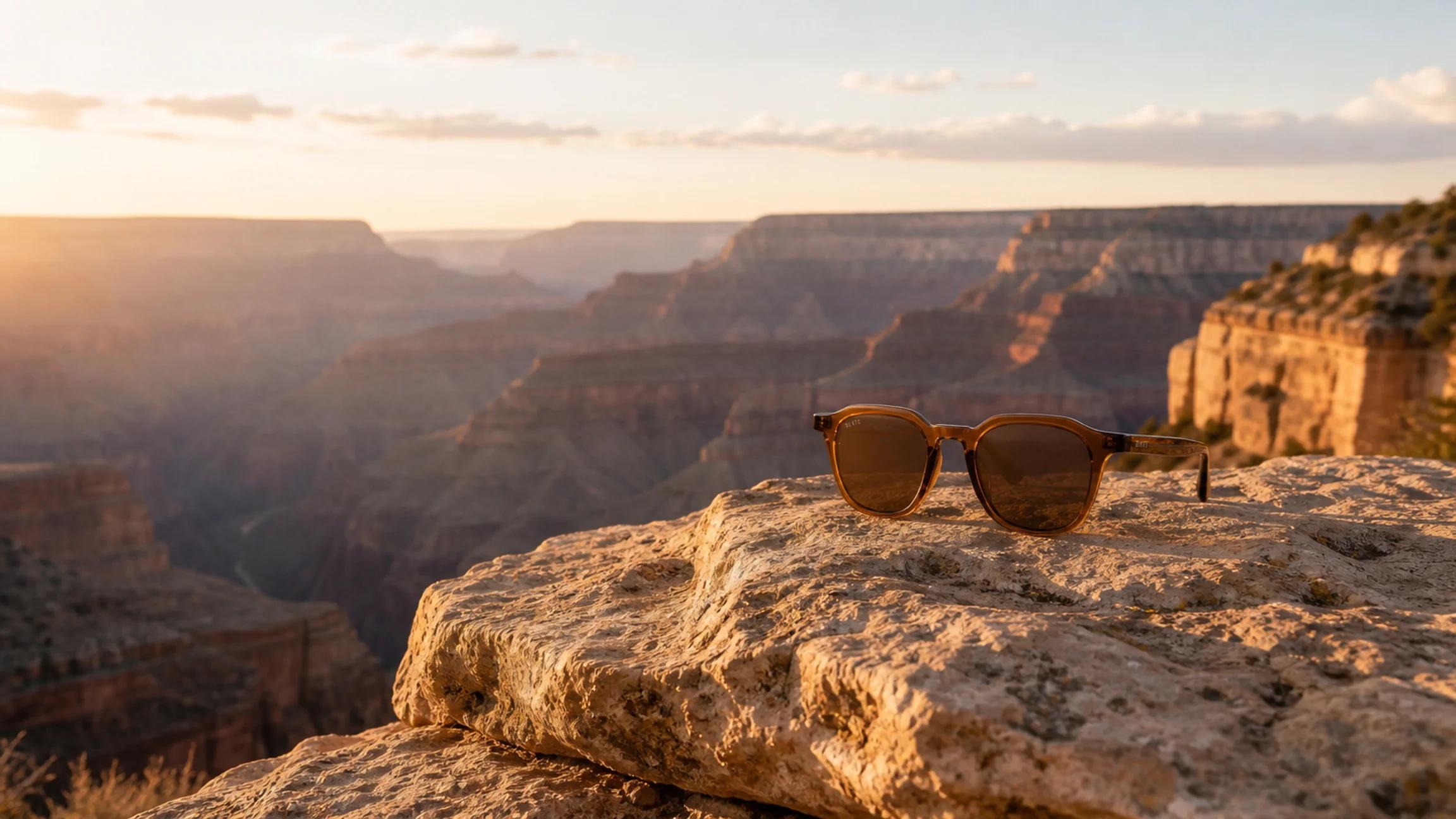 Slate Basin sunglasses in amber acetate on a canyon rim rock at golden hour, the Grand Canyon stretching behind