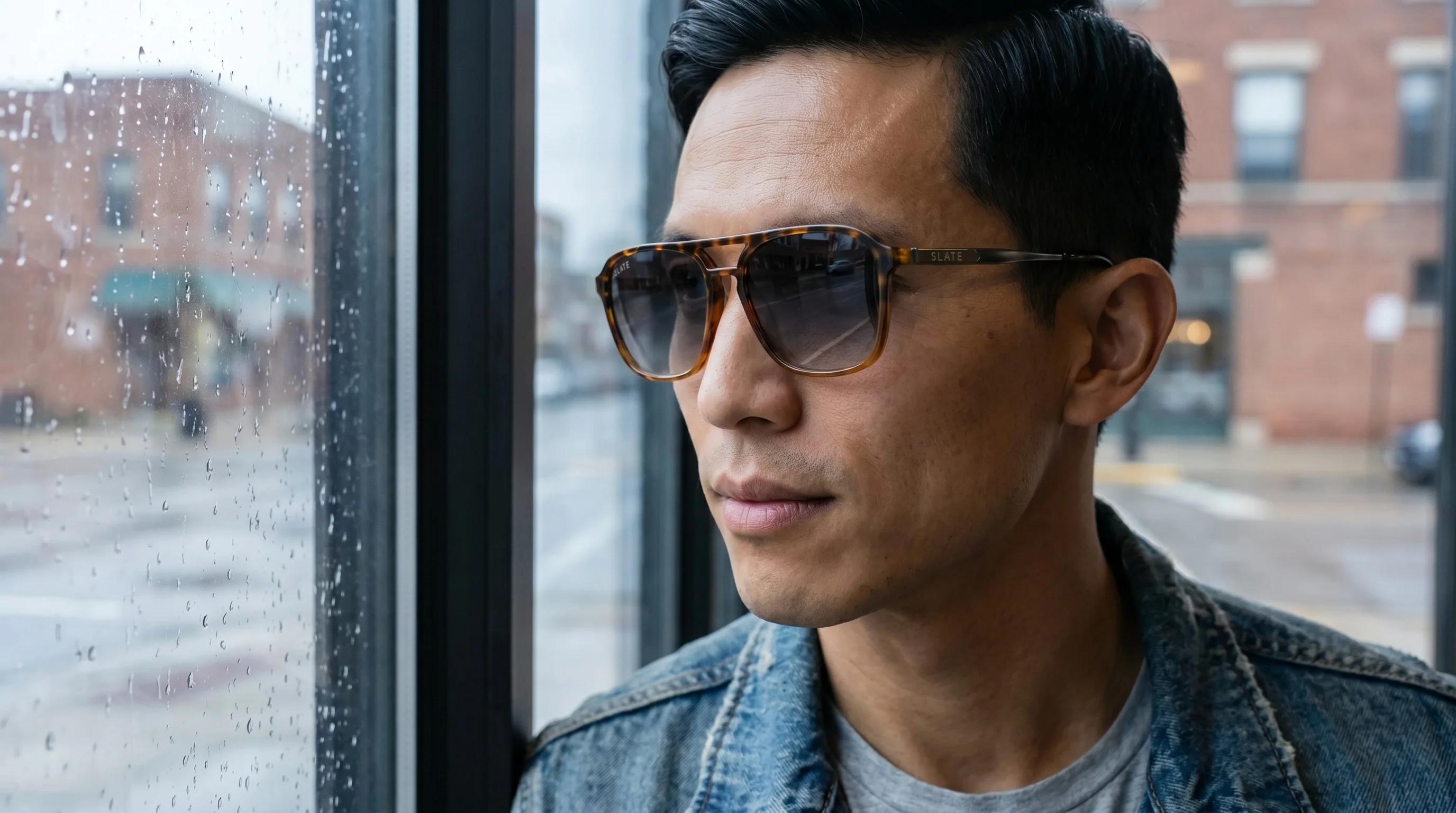 Man wearing Slate sunglasses by a window