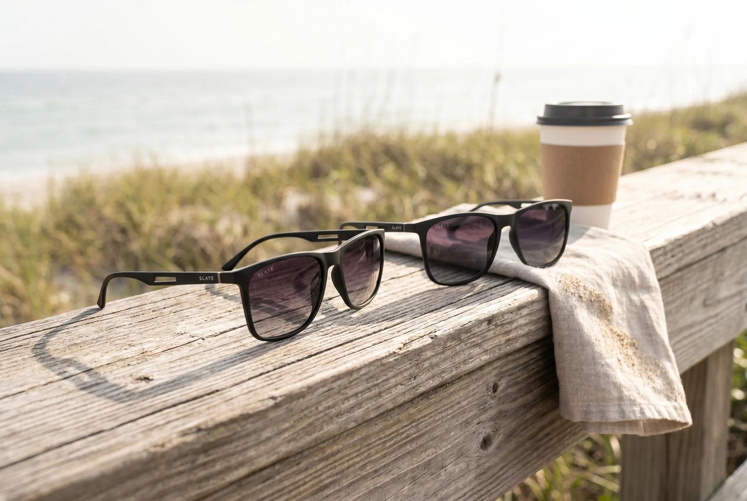 Slate sunglasses styled in quiet everyday light