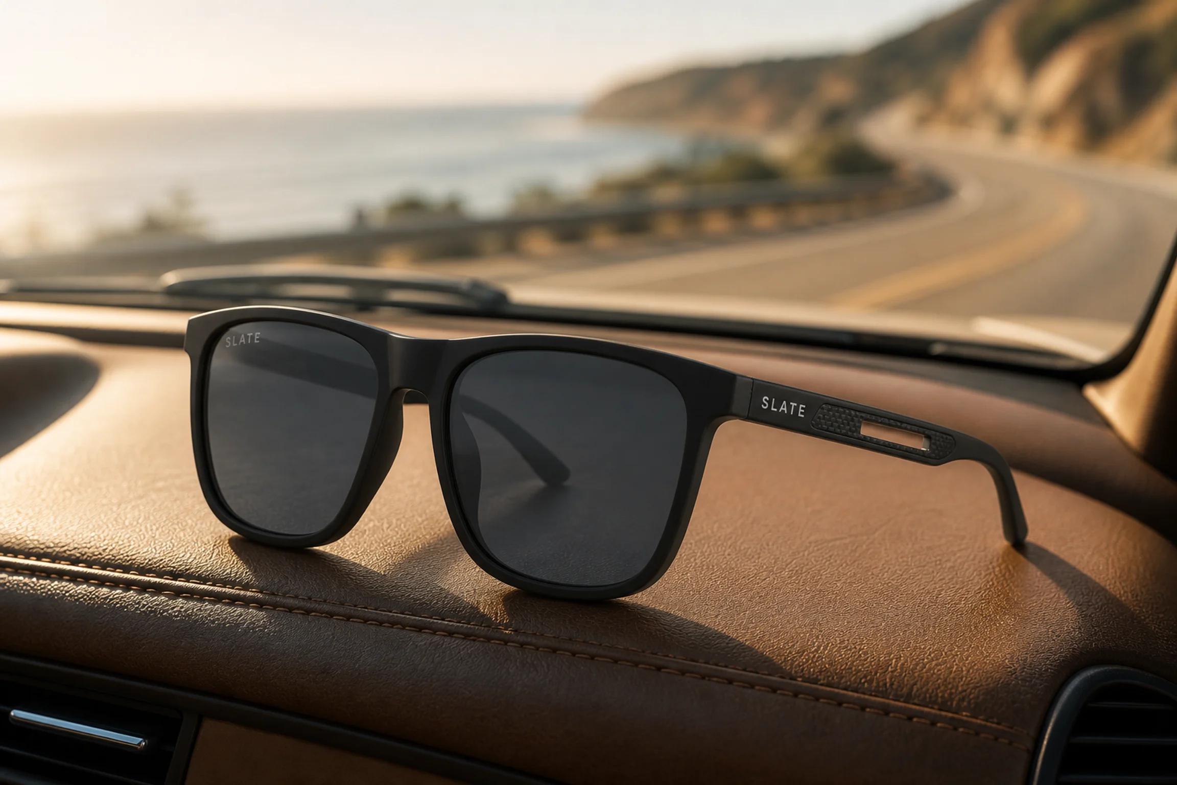 Slate Ledge sunglasses resting on a car dashboard with a coastal highway ahead